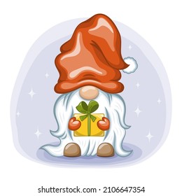 Cute cartoon gnome with gift box. Vector illustration.