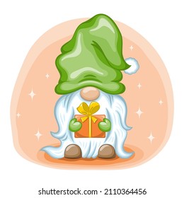 Cute cartoon gnome with gift box. Vector illustration.