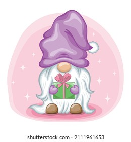 Cute cartoon gnome with gift box. Vector illustration.