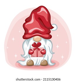 Cute cartoon gnome with gift box. Vector illustration.