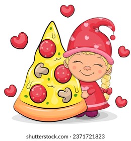 Cute cartoon gnome girl with a big piece of pizza. Vector illustration of a dwarf woman on a white background with red hearts.