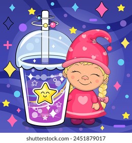 Cute cartoon gnome girl with a big star drink. Vector illustration of dwarf woman and a cup of colorful water on a dark blue background with stars and dots.