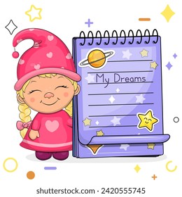 A cute cartoon gnome girl and a blue notebook with stickers. Vector illustration of dwarf woman on a white background with stars, circles.
