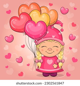 Cute cartoon gnome girl with heart shaped balloons. Vector illustration of a dwarf woman on a pink background with hearts.