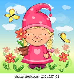 Cute cartoon gnome girl holding a flower pot. Vector illustration of a dwarf woman in nature with flowers and butterflies.