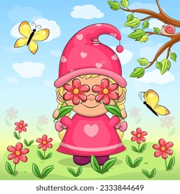 Cute cartoon gnome girl in nature. Vector illustration of a dwarf woman with red flowers, green grass, yellow butterflies, tree, blue sky and white clouds.