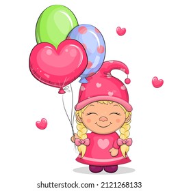 Cute cartoon gnome girl in a pink hat and dress is holding balloons. Vector illustration of a woman on a white background.
