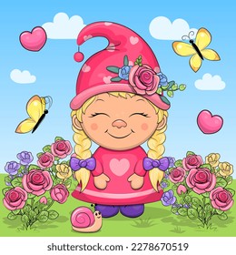 A cute cartoon gnome girl in pink clothes is standing in a rose garden. Spring vector illustration of a woman in nature with flowers, butterflies and hearts on a blue background with clouds.