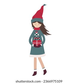 Cute cartoon gnome girl with three gift boxes. Christmas dwarf woman, leprechaun.