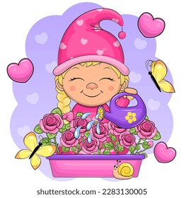 Cute cartoon gnome girl watering flowers. vector illustration with flowers and butterflies.