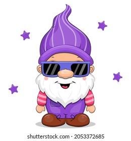 Cute cartoon gnome with glasses. Vector illustration of a man on a white background with stars.