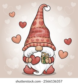 Cute cartoon gnome with heart and gift. Valentine's vector illustration of a dwarf man.