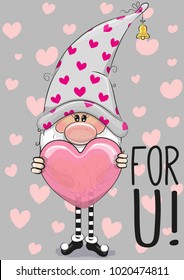 Cute Cartoon gnome with heart on a gray background