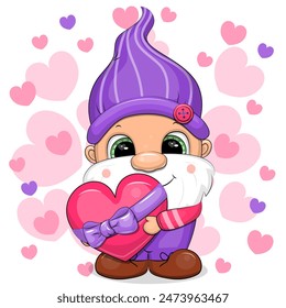 Cute cartoon gnome with heart. Vector illustration of dwarf man on white background with pink hearts.