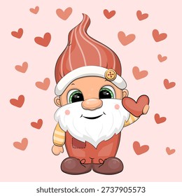 Cute cartoon Gnome with heart. Vector illustration of dwarf man on pink background with red  hearts.