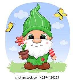 Cute cartoon gnome holding a flower pot. Vector illustration on a blue background with clouds.