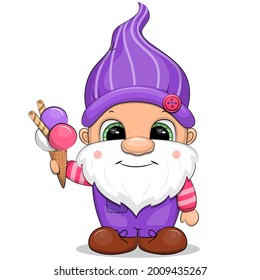 A cute cartoon gnome holding an ice cream. Vector illustration isolated on white.