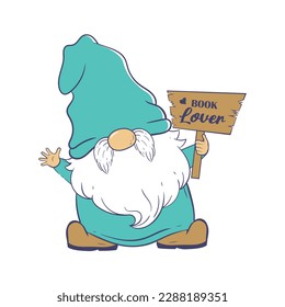 linda caricatura gnome sostiene un cartel con el amante del libro de inscripciones en sus manos. Ilustración del vector aislada en fondo blanco