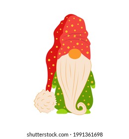 Cute Cartoon Gnome isolated on a white background. Christmas Cute Gnomes with Red Caps in Flat Style. Dwarfs Design Template for Merry Christmas and Happy New Year Card. Cartoon Kids Characters