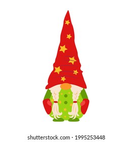 Cute Cartoon Gnome isolated on a white background. Christmas Cute Gnomes with Red Caps in Flat Style. Dwarfs Design Template for Merry Christmas and Happy New Year Card. Cartoon Kids Characters
