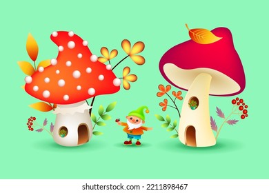 cute cartoon gnome with ladybug and two magic mushroom house on green background. greeting card with fairy tale person. isolated vector illustration.
