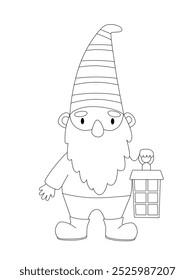 Cute cartoon gnome with lantern in his hands outlines in cartoon style. Kids coloring book illustrations.