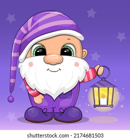 Cute cartoon gnome with a lantern. Night vector illustration with lilac background.