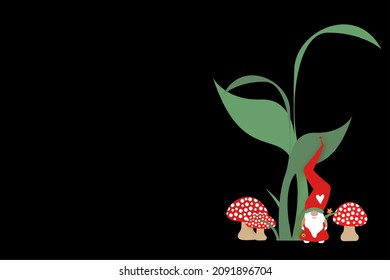 cute cartoon gnome with long red hat. Banner Scandinavian Nordic Santa Claus Elf in the woodland, vector isolated on black background. Christmas elements for design, invitations, cards, childrens toys