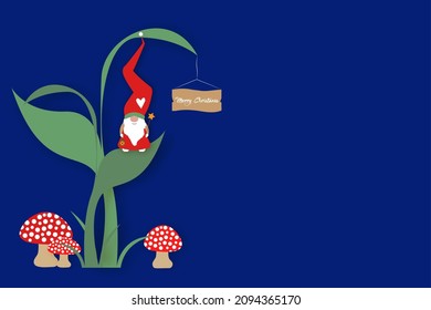 cute cartoon gnome with long red hat. Banner Scandinavian Nordic Santa Claus Elf in the woodland, vector isolated on blue background. Christmas elements for design, invitations, cards, childrens toys