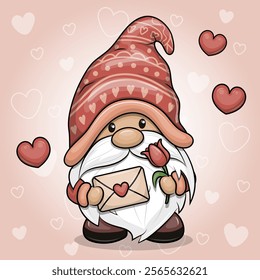 Cute cartoon gnome with love letter and flower. Valentine's vector illustration with red hearts.