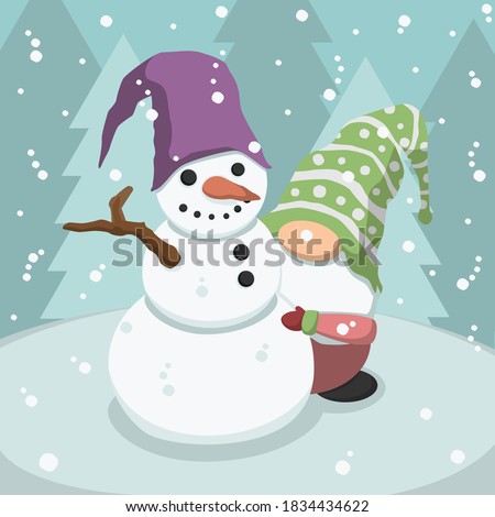 cute cartoon gnome making snowman