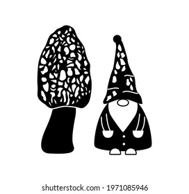 Cute cartoon gnome and mushroom. Funny elf. Black and white objects isolated on white background. Vector illustration.