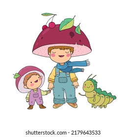 Cute caricatura gnome champihroom, su amigo y oruga. Los elfos del jardín alegres. Niños con disfraces de carnaval. Vector