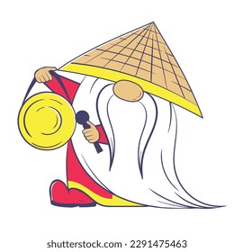 Cute cartoon gnome musician. Chinese dwarf in a traditional hat beats the gong