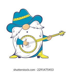 Cute cartoon gnome musician. Dwarf cowboy playing banjo guitar