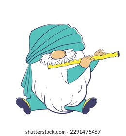 Cute cartoon gnome musician. Indian dwarf snake charmer playing the flute