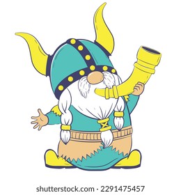 Cute cartoon gnome musician. Scandinavian viking dwarf playing the trumpet