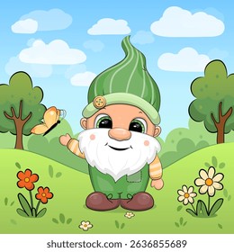 Cute Cartoon Gnome in Nature. Vector illustration of a dwarf man with red and white flowers, grass and trees.