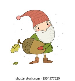 Cute cartoon gnome. Old elf with an acorn. Forest Troll.