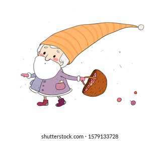 Cute cartoon gnome. Old elf with an acorn. Forest Troll.