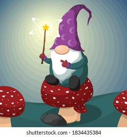 cute cartoon gnome on a mushroom doing magic
