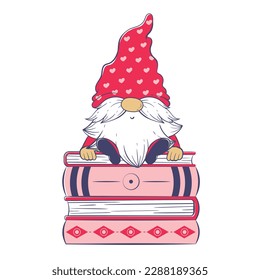 Cute cartoon gnome on a stack of huge books. Vector illustration isolated on white background