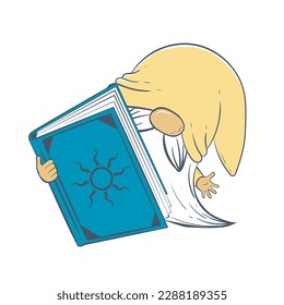 cute cartoon gnome peeks out from behind a big book. Vector illustration isolated on white background