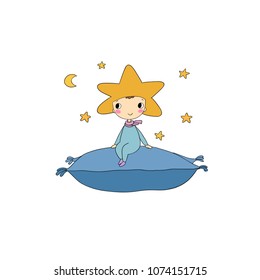 Cute cartoon gnome with a pillow. Funny elf. The time of sleep. Good night. Sweet Dreams. Picture for a children's nightgown