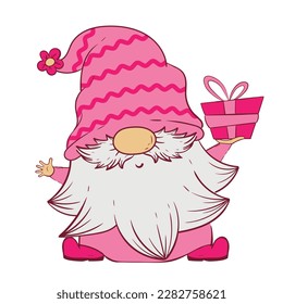 Cute cartoon Gnome in a pink hat holds a gift in his hands