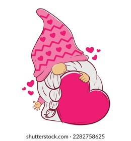 Cute cartoon Gnome in a pink hat holds a heart in his hands