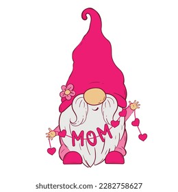 Cute Cartoon Gnome in einem rosa Hut hält ein Seil mit Herzen und die Inschrift Mutter