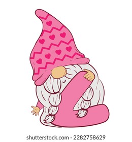 Cute cartoon Gnome in a pink hat holds a large letter v in his hands