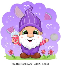 Cute cartoon gnome in purple clothes is holding watermelon juice. Vector illustration of a dwarf man on a lilac background with hearts and fruits.