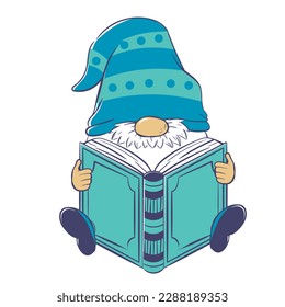 El lindo gnomo de dibujos animados está leyendo un libro enorme. Ilustración del vector aislada en fondo blanco